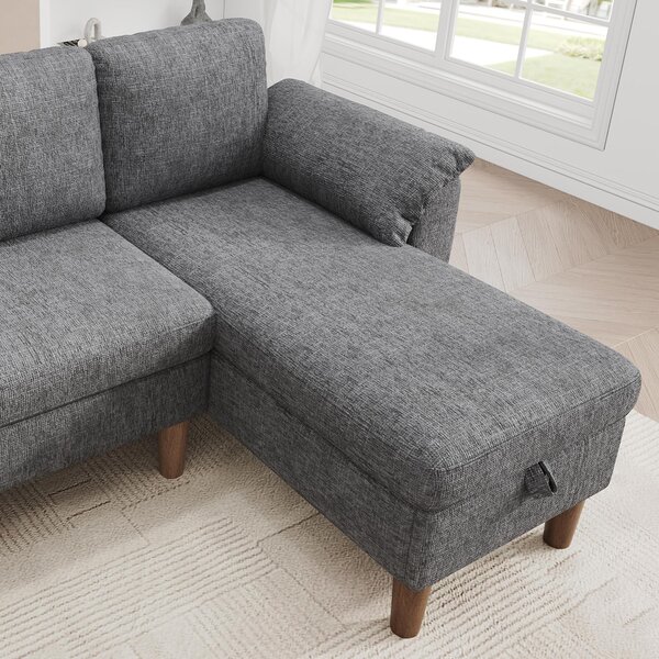 Rohová sedačka ve tvaru "L", třísedák, odkládací prostor, chaise longue, USB/Type-C port, boční kapsa, materiál: chenille (světlě šedá)