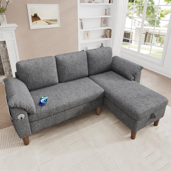 Rohová sedačka ve tvaru "L", třísedák, odkládací prostor, chaise longue, USB/Type-C port, boční kapsa, materiál: chenille (světlě šedá)