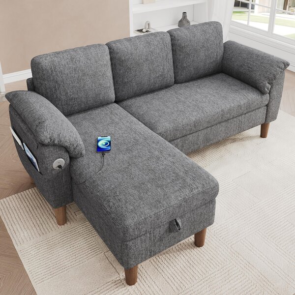 Rohová sedačka ve tvaru "L", třísedák, odkládací prostor, chaise longue, USB/Type-C port, boční kapsa, materiál: chenille (světlě šedá)