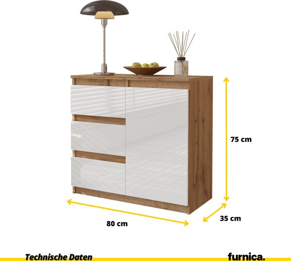 FURNICA - MIKEL - Komoda / příborník se 3 zásuvkami a 1 dvířky - dub Wotan / bílý lesk V75cm Š80cm H35cm
