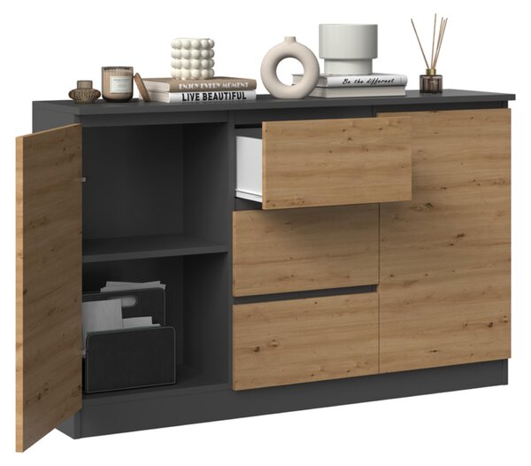 Komoda, předsíň do ložnice, šatní skříň, příborník, vysoká deska se 3 zásuvkami a 2 dvířky, šířka 120 cm výška 75 | antracit Artisan