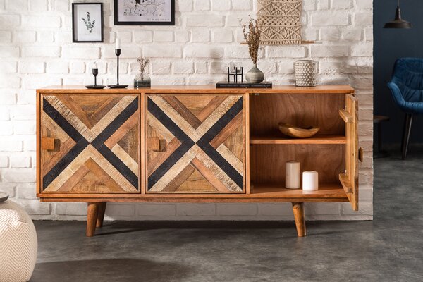 Elegantní příborník LONG ISLAND 160 cm vzhled mangového dřeva s retro vzorem komoda příborník skříňka do obývacího pokoje