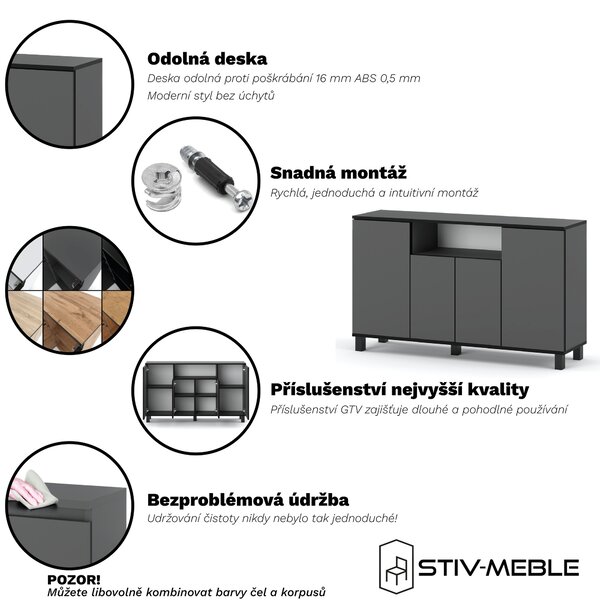 STIV Möbel | Komoda 140x35x80 cm Šedý Mat | 4 dvířka | Obývák Ložnice | 9 polic | Moderní provedení
