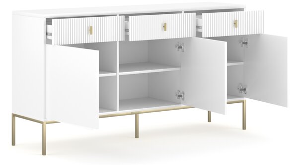 Komoda: tři zásuvky, tři dvířka, bílá barva, zlaté nohy