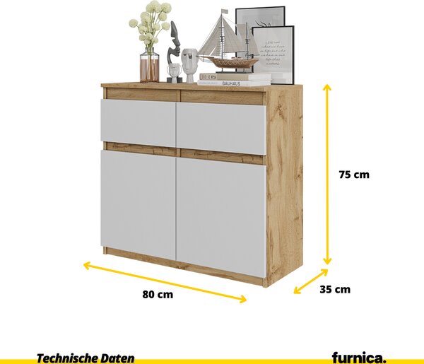 FURNICA - NOAH - Komoda / příborník se 2 zásuvkami a 2 dvířky - dub Wotan / bílá matná V75cm Š80cm H35cm