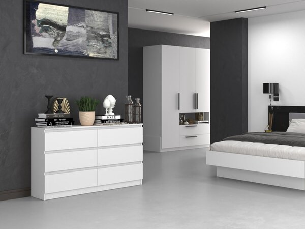 Komoda, předsíň do ložnice, šatní skříň, příborník, vysoká deska se 6 zásuvkami, šířka 140 cm výška 75 | bílá
