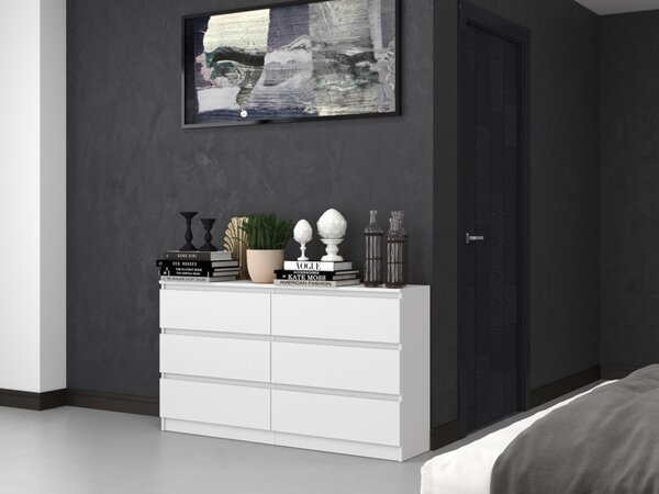 Komoda, předsíň do ložnice, šatní skříň, příborník, vysoká deska se 6 zásuvkami, šířka 140 cm výška 75 | bílá