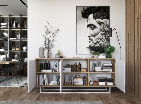 Komoda RTV ve stylu loft Dub Wotan Apollo 3D - Moderní - Nábytek Lindner -168cm x 35cm x 72 cm , Barva: dub Wotan matný - Bílý matný