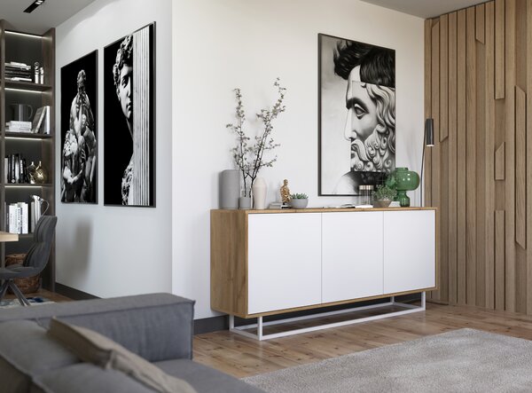 Komoda RTV ve stylu loft Dub Wotan Apollo 3D - Moderní - Nábytek Lindner -168cm x 35cm x 72 cm , Barva: dub Wotan matný - Bílý matný