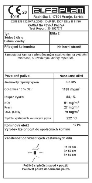 ALFA PLAM, krbová kamna ELITA II ECO 6,5 kW, antracit