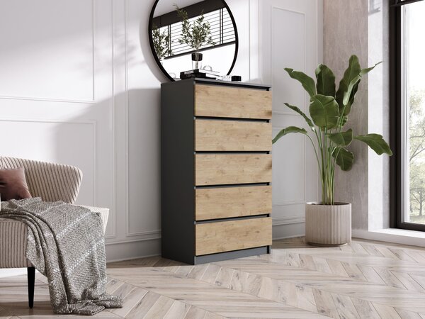 Komoda s 5 zásuvkami, barva: antracit / dub Lancelot, A: 70 x 125 x 39 cm