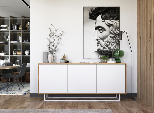 Komoda RTV ve stylu loft Dub Wotan Apollo 3D - Moderní - Nábytek Lindner -168cm x 35cm x 72 cm , Barva: dub Wotan matný - Bílý matný