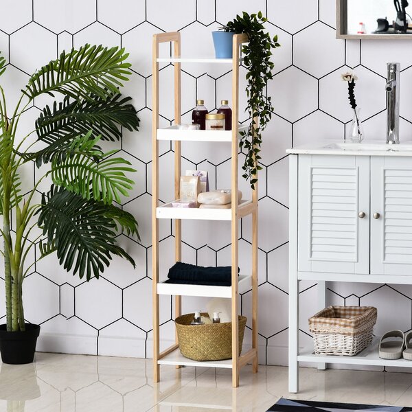 HOMCOM Bambusový koupelnový regál se 3 koši a 2 policemi dim. 32D x 30Š x 130V cm Béžový/Bílý | Aosom