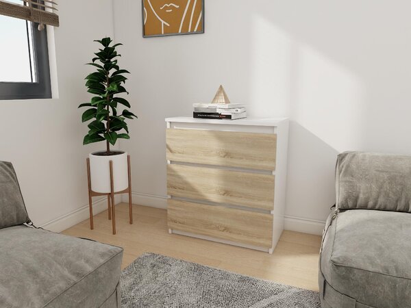 Komoda - 3 zásuvky - 70 cm - Bílá - Dub Sonoma - Moderní příborník - Vysoká kvalita