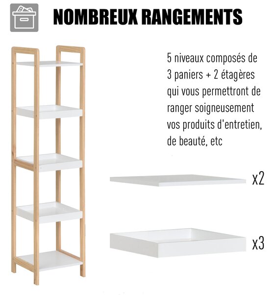 HOMCOM Bambusový koupelnový regál se 3 koši a 2 policemi dim. 32D x 30Š x 130V cm Béžový/Bílý | Aosom