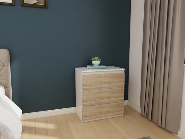 Komoda - 3 zásuvky - 70 cm - Bílá - Dub Sonoma - Moderní příborník - Vysoká kvalita