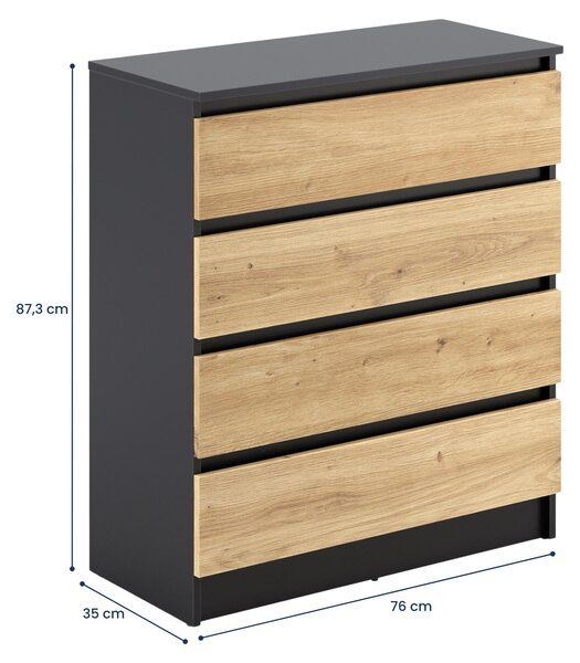 Komoda o šířce 76 cm se 4 zásuvkami Komoda v antracitové barvě v provedení artisan-dub Úzká dřevěná skříň Komoda se zásuvkami Příborník Vysoká skříň Bufet Ložnice Obývací pokoj Předsíň Kancelář Organizér Šířka 76 cm