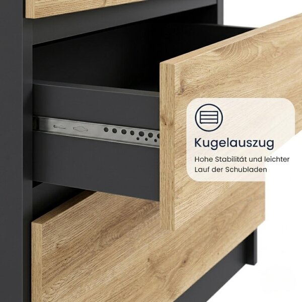 Komoda o šířce 76 cm se 4 zásuvkami Komoda v antracitové barvě v provedení artisan-dub Úzká dřevěná skříň Komoda se zásuvkami Příborník Vysoká skříň Bufet Ložnice Obývací pokoj Předsíň Kancelář Organizér Šířka 76 cm