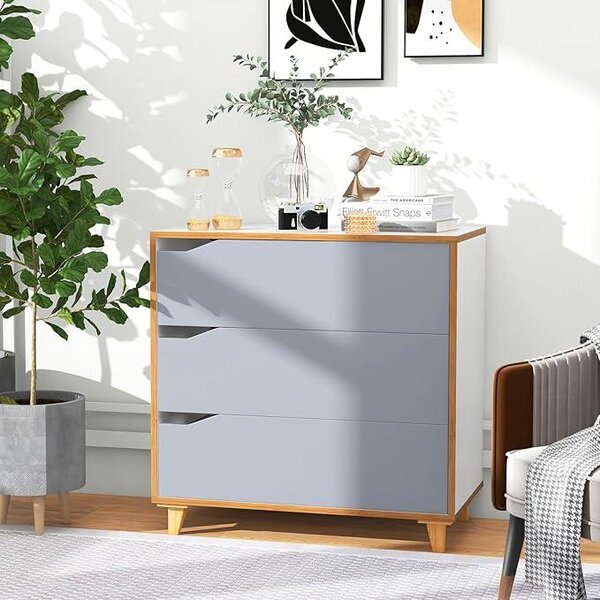 Komoda se 3 zásuvkami, zásuvková skříňka s výřezem, nohy z kaučukového dřeva a ochrana proti překlopení, moderní příborník, 75 × 42 × 75 cm, šedá barva