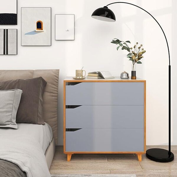 Komoda se 3 zásuvkami, zásuvková skříňka s výřezem, nohy z kaučukového dřeva a ochrana proti překlopení, moderní příborník, 75 × 42 × 75 cm, šedá barva