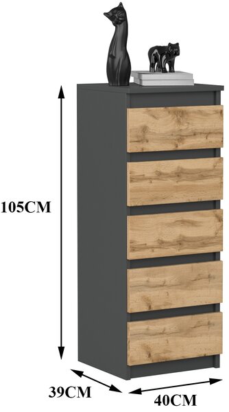 VBChome Komoda s 5 zásuvkami 40 x 39 x 105 cm antracitová s dubem Komoda bez úchytek víceúčelová skříňka do předsíně ložnice obývacího pokoje