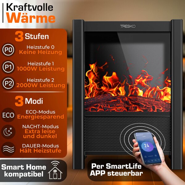 TRESKO® Elektrický krb s ohřevem a dálkovým ovládáním 2000W, aplikace WiFi | elektrický krb s efektem plamene LED a LCD displejem | krbový oheň s termostatem, časovačem | elektrická krbová kamna volně stojící ohřívač s ventilátorem