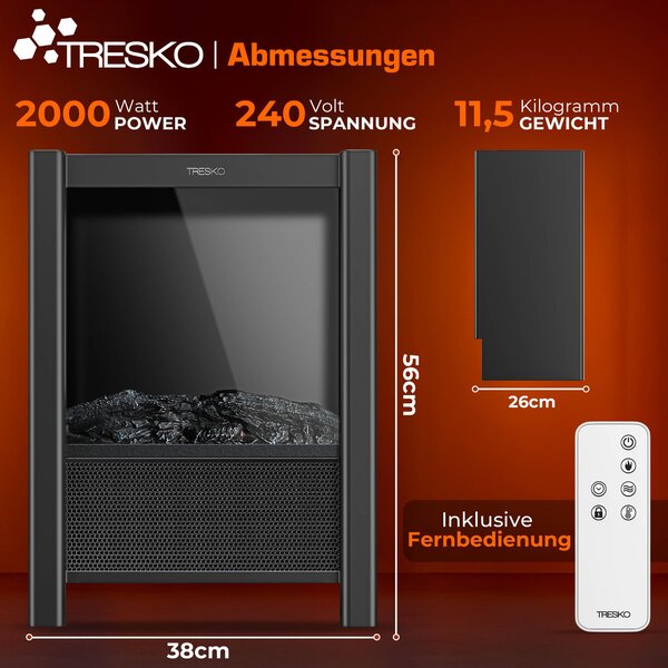 TRESKO® Elektrický krb s ohřevem a dálkovým ovládáním 2000W, aplikace WiFi | elektrický krb s efektem plamene LED a LCD displejem | krbový oheň s termostatem, časovačem | elektrická krbová kamna volně stojící ohřívač s ventilátorem