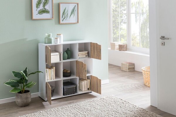 FineBuy Stojací regál MASSA 89 x 91 x 29 cm Knihovna s 9 přihrádkami Příborník Sonoma s 5 dvířky Moderní police z kostek Rozdělovač místností Otevřená skříň do předsíně