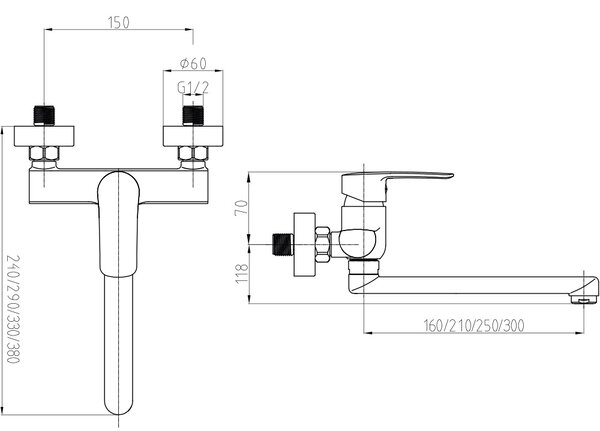 Mereo, Mereo Dřezová nástěnná baterie, Pego, 150 mm, s ramínkem plochým rovným 160 mm, chrom, MER-CB30202P