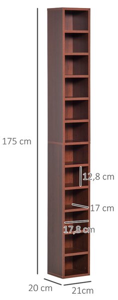 HOMCOM Stojan na CD a DVD, sloupcová police, úložná jednotka s 12 přihrádkami, max. kapacita 204 CD, 21 x 20 x 175 cm, hnědá | Aosom