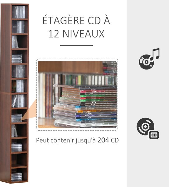 HOMCOM Stojan na CD a DVD, sloupcová police, úložná jednotka s 12 přihrádkami, max. kapacita 204 CD, 21 x 20 x 175 cm, hnědá | Aosom