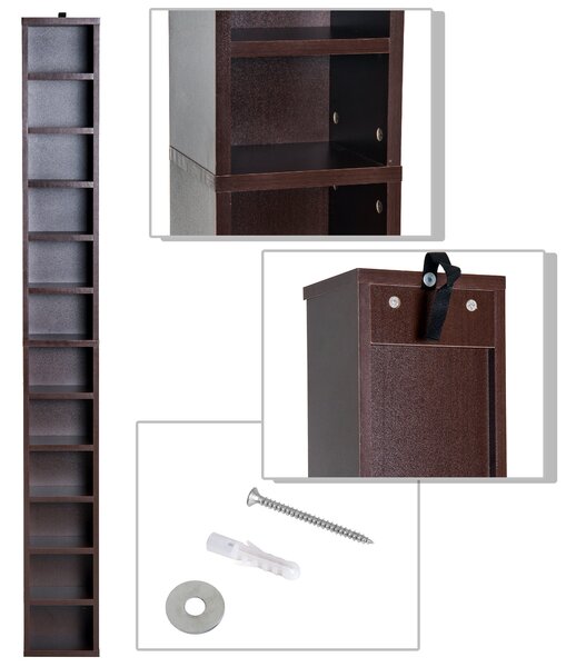 HOMCOM Stojan na CD a DVD, sloupcová police, úložná jednotka s 12 přihrádkami, max. kapacita 204 CD, 21 x 20 x 175 cm, hnědá | Aosom