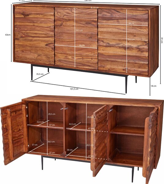 FineBuy Komoda z masivního dřeva Sheesham 150 cm se 3 dvířky – Masivní retro komoda s 3D povrchem – Designový přírodní příborník – Ručně vyrobený v industriálním stylu
