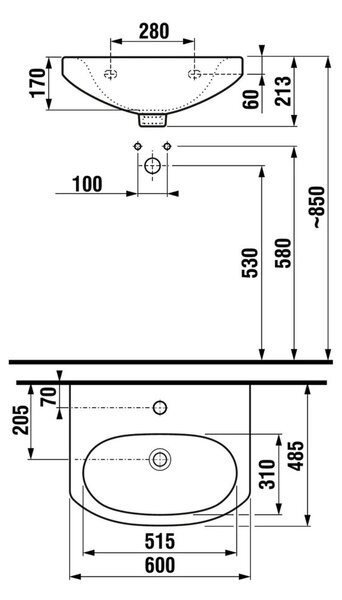 Mereo, Mereo Umyvadlo s otvorem pro baterii 60 cm, MER-VSD60NA (H8107930001042)