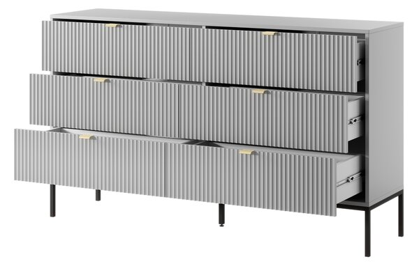 Komoda: 6 zásuvek, šedá, černé nohy, 154 x 39 x 83 cm