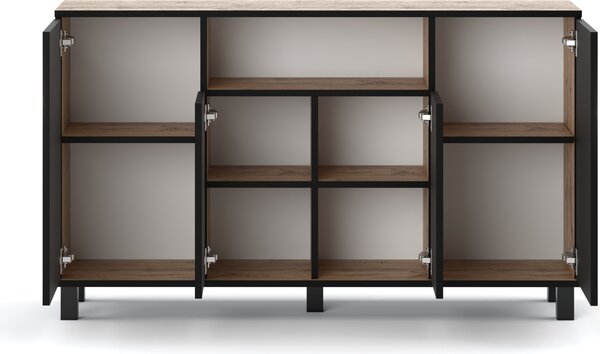 STIV Möbel | Komoda 140x35x80 cm Dub Wotan / Černý Mat | 4 dvířka | Ložnice Obývák Předsíň