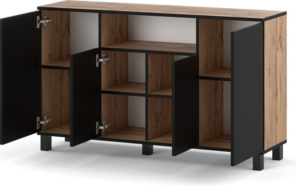 STIV Möbel | Komoda 140x35x80 cm Dub Wotan / Černý Mat | 4 dvířka | Ložnice Obývák Předsíň