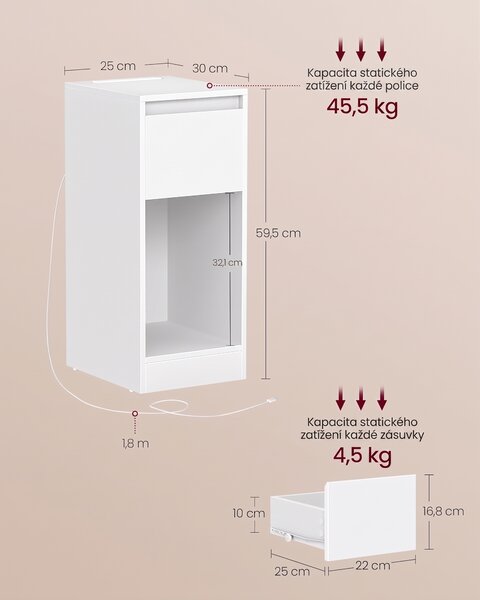 SONGMICS Noční stolek s LED osvětlením a USB portem Vasagle Melisa 25 cm bílý