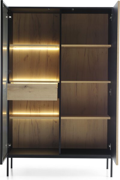 Moderní vysoká vitrína s žebrovaným čelem, 104 × 166 × 39 cm, černá / dub Wotan