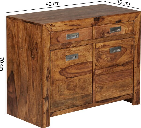 Masivní dřevěná komoda FineBuy 90 cm Sheesham komoda se 2 dvířky a 2 zásuvkami