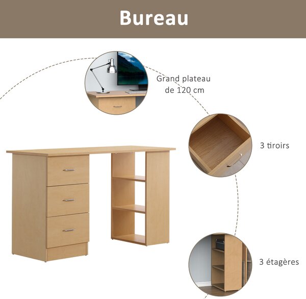 HOMCOM Stůl s úložným prostorem, Počítačový stůl 120 x 50 cm, Stůl s policemi a šuplíky, pro malé prostory, Ložnice, Světle dřevěný vzhled | Aosom
