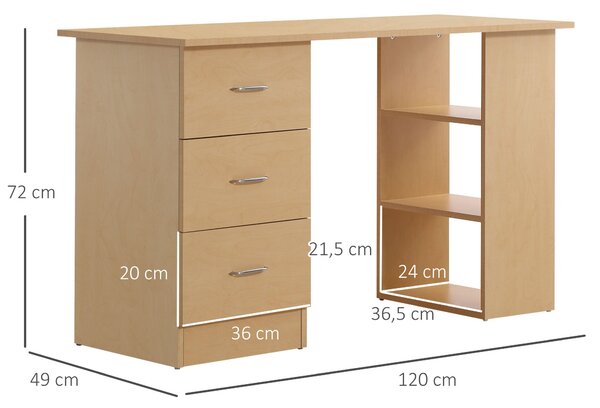 HOMCOM Stůl s úložným prostorem, Počítačový stůl 120 x 50 cm, Stůl s policemi a šuplíky, pro malé prostory, Ložnice, Světle dřevěný vzhled | Aosom