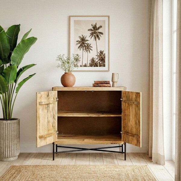 FineBuy Sideboard Mango Masivní dřevo 91x96cm Komoda se 2 dvířky Obývací pokoj Skříň Servírovací stolek Stojanová skříň Komoda Skříň do předsíně Ruční výroba