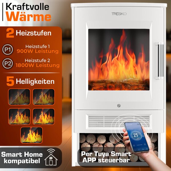 Elektrický krb TRESKO® s vytápěním včetně dálkového ovládání a aplikace WiFi | elektrický krb 1800W LED efekt plamene barevné režimy | krbový termostat, časovač | elektrická krbová kamna volně stojící krb 2 úrovně vytápění