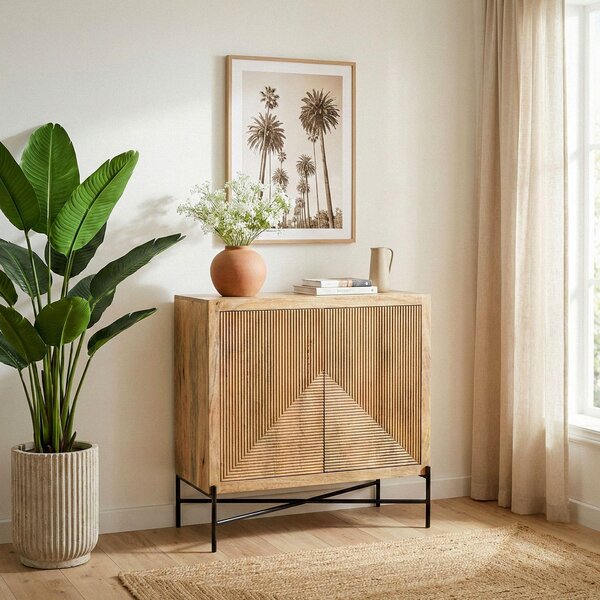 FineBuy Sideboard Mango Masivní dřevo 91x96cm Komoda se 2 dvířky Obývací pokoj Skříň Servírovací stolek Stojanová skříň Komoda Skříň do předsíně Ruční výroba