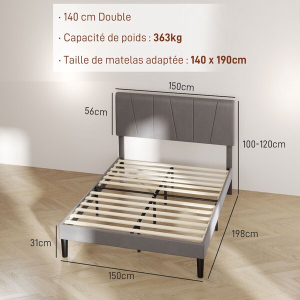 HOMCOM Dvoulůžkový Rám Postele, 140 x 190 cm, Postel pro 2 osoby, Kovový Rám, Nastavitelný Čelní Panel, s Lamelovým Roštem, Úložný Prostor pod Postelí