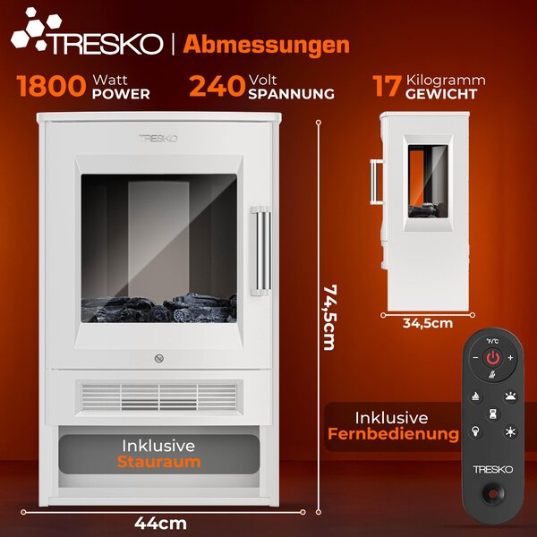 Elektrický krb TRESKO® s vytápěním včetně dálkového ovládání a aplikace WiFi | elektrický krb 1800W LED efekt plamene barevné režimy | krbový termostat, časovač | elektrická krbová kamna volně stojící krb 2 úrovně vytápění