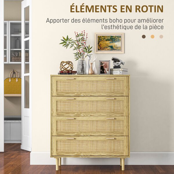 HOMCOM Komoda s 4 zásuvkami v boho stylu s ratanovým předním panelem, světle dřevěná, 90Š x 45H x 108,5V cm | Aosom