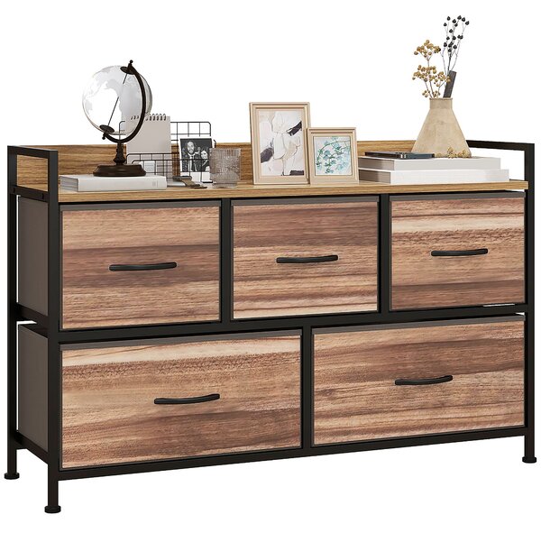 HOMCOM Komoda se 5 textilními zásuvkami 98 x 29 x 63 cm, černý ocelový rám | Aosom