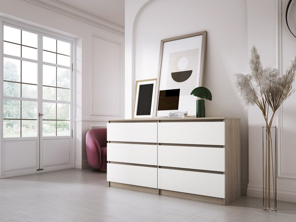Komoda 6 zásuvek, barva: dub Sonoma / matná bílá, 138 x 78 x 39 cm